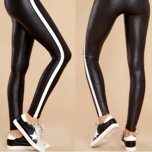 Spanx Faux Leather Stripe Leggings Women’s Very Black Hidden Shaping SMALL